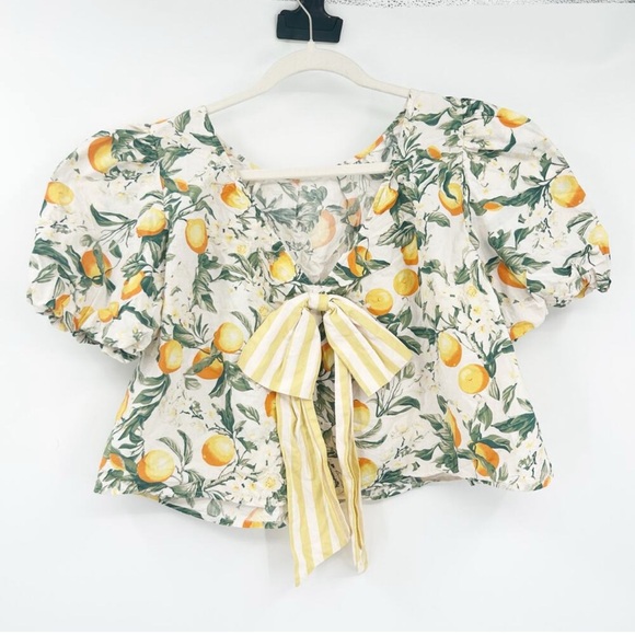 Anthropologie Maeve Womens Lemon Print Bow Back Swing Puff Sleeve Blouse Size S - Picture 1 of 2